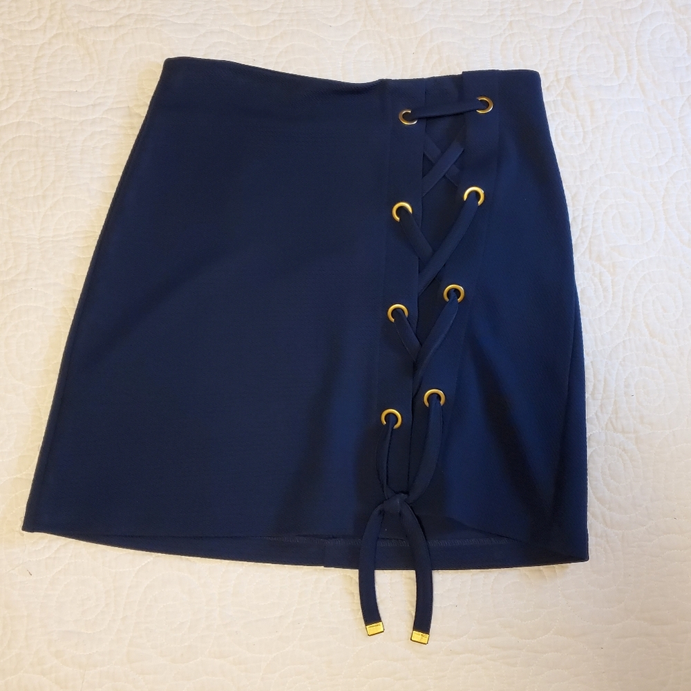 Navy Blue & Gold Lace Up Corset Style Side Tie Front Skirt Size Small